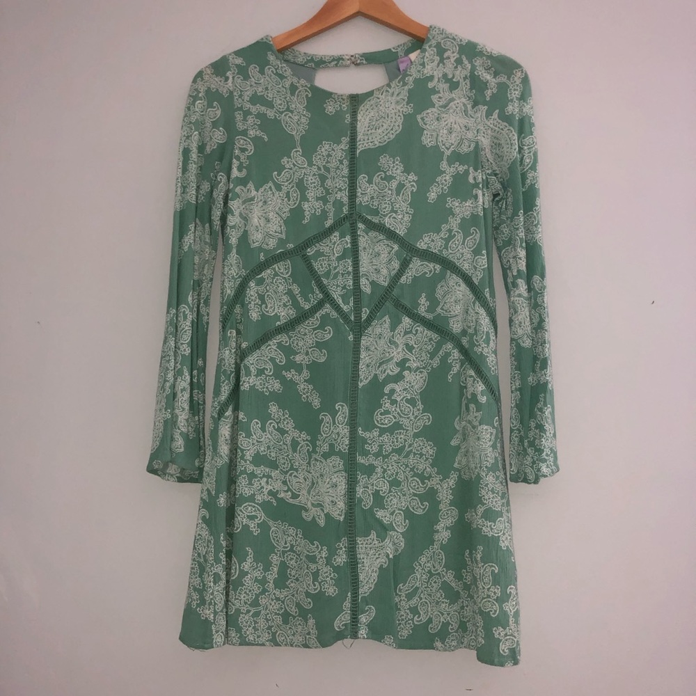 Sage, paisley print long sleeve dress